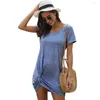 Party Dresses Women Twist Knot V Neck Shirt Dress Summer Loose Side Tie Plain Color Ovanför knä Comfy Mini Casual Beach Sundress