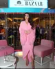 Party Dresses Caftan Arabic Elastic Pink Long Sleeves Prom Dresses Aline V Neck Feathers Ankle Length Saudi Formal Evening Party Gowns 230325