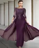 2023 Vintage Purple Mutter von Braut Kleid Juwel Pailletten Applikationen Ärmel Godmutter Hochzeitsfeierkleider