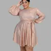 Plus Size Dresses Women Party Sequined Long Sleeve Slash Neck High Waist A-line Pink Wholesale Drop Shipping 230307