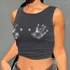 Tanques femininos y2k shinestone Palm Graphic Black Vest Goth Goth Style O-gola O-gola sem mangas Crop as mulheres tanques de espartilho apertados 90s Punk vintage