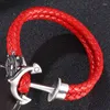 Charmarmband Trendiga rött läder flätade armband kvinnor män smycken rostfritt stål ankare spänne dubbel lager pd0179