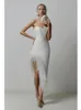 Casual Dresses Bevenccel Sexig i Feather Patchwork Split bodycon Sticked Bandage Dress for Women Elegant Evening Party Club 2023