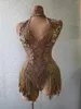 Scene Wear Shiny Gold Rhinestones Bodysuit Sexig paljetter Jumpsuit Festival Outfit Evening Prom paljett Tassel Birthday Firar Costume