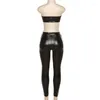 Women's Two Piece Pants Street Faux Leather Women's Set Bra Crop Top And Ruched 2023 Fashion Sweatsuit 2 Outfit Tracksuit
