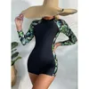 Swim Wear 2023 Long Sleeves Swimsuit Women Female Zipper Surf Bodysuit Floral Swimwear Girl Sun Protection Bathing Swimming Suit 230325