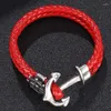 Bracelets de charme Trendy Red Leather trançada Bracelete Mulheres homens Jóias Ancoragem de aço inoxidável fivela de fivela PD0179