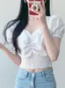 Damesblouses Katoen Kort Crop Top Vrouw Fashion Korea Japanse Kledingstijl Design Zwart Wit Draped Sexy Elastische Taille Slim Fit Blouse