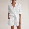 Kadın pijama hiloc cep beyaz pijama pamuk takım elbise şortlu kadın bağlayan uzun kollu set 2 adet vneck kadın pijama bahar 230325