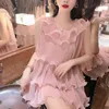 Women's Blouses Fairy Chiffon -shirt met ruches Dames zomer 2023 Zoet los mouwloze lange top geplooide casual vakantie roze roze