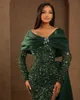 Gorgeous Mermaid Prom Dresses Strapless Beads Sequined Satin Long Sleeve Side Split Backless Ruffles Zipper Court Gown Custom Made Party Dress Vestido De Noite