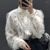 Women's Blouses VSUE Women Apricot Black Lace Mesh Hook Flower Shirt Stand Collar Puff Long Sleeve Vintage Perspective Top B0717