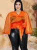 Women's Plus Size TShirt Plus Size Blouses Sexy V Neck Long Lantern Sleeve Shinny Women Short Shirts See Through Tops Evening Office Casual Blouse 4XL 230325