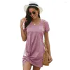 Party Dresses Women Twist Knot V Neck Shirt Dress Summer Loose Side Tie Plain Color Ovanför knä Comfy Mini Casual Beach Sundress