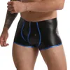 Sous-vêtements Sexy Zipper Boxer Sous-vêtements pour hommes Slip Faux Cuir Slip Gay Bulge Pouch Shorts Noir Wetlook Performance masculine