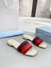 2023 new shoe designer woman slipper man shoe Saffiano luxury sleek leather Embroidered fabric slides Enameled metal triangle slipper