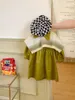 Girl Dresses 2023 Fall Kids Girls Green Loose Cotton Dress With Big Capes Lovely Korean Fashion Outfit Clothing Long Blouse