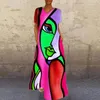 Abiti casual Abito stampato con arte astratta Manica corta Scollo a V Una linea Vintage Cartoon Party Lungo 2023 Maxi allentato femminile