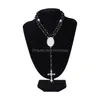 Sublimation Blanks Layered Choker Necklace Pearl Cross Women Pendant Long Rosary Bead Chain Jesus Catholic Crucifi Dh4El