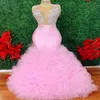 Árabe 2023 Aso Ebi Rosa Sereia Vestidos de Baile Lace Frisado Tiers Noite Festa Formal Segunda Recepção Aniversário Vestidos de Noivado Vestido ZJ3022