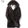 Men's Down Mens Winter Leather Fur Coat Mid-Length Hooded Wool Two-Sided Genuine Clothes Sheepskin Sheared In One Outwear