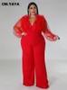 Women's Plus Size Jumpsuits Rompers CM.YAYA Plus Size Women Mesh Ruffles Wrap Vneck Wide Leg Straight Jumpsuit Holiday Vintage Playsuit Suit Romper 230325