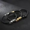 Charm Bracelets Skull Bracelet Men Stainless Steel With Black Weave Cowhide Leather Punk Jewelry