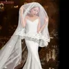 Bridal Veils TOPQUEEN V77 2 Layers Cover Front And Back Cathedral Length Veil With Lace Trim Blusher Wedding Mantilla