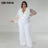 Women's Plus Size Jumpsuits Rompers CM.YAYA Plus Size Women Mesh Ruffles Wrap Vneck Wide Leg Straight Jumpsuit Holiday Vintage Playsuit Suit Romper 230325