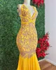 2023 Arabisch Aso Ebi Yellow Mermaid Prom Dresses Lace Backless Sexy Evening Formeel feest tweede receptie verjaardag verloving bruidsmeisjes jurken jurk zj2003