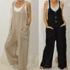 Womens Jumpsuits Rompers 5xl Women Solid Color Button Pockets Cotton Linen Jumpsuit Bib Overall Dungarees Women Casual Long Harem Overalls Jumpsuits 230327