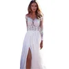 Women's Vests Womens Sexy Party Dinner Dresses White Long-sleeve Perspective Lace Wedding Slim High Waist Big Swing Ladies Long Dress