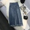 Jupes femmes mode Denim bleu solide avant fermeture éclair fente Maxi jupe Vintage taille haute femme Chic glands dames longues