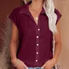 Camicette da donna Camicia in cotone da donna Tinta unita Colletto rovesciato Monopetto Assorbimento del sudore Maniche corte Lino Bavero estivo Top