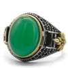 Clusterringen S925 Sterling Silver heren Green Agate Ring Large Natural Stone Retro Punk Jewelry Men No. 7-13