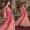Robes de soirée 2023 Bal 3D Fleurs Florales Rose Rose Manches Longues Col En V Robes De Soirée Longueur De Plancher Tulle Costume D'anniversaire Filles