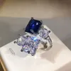 Bandringe Big Blue Bling Zirkon Stein Silber Farbe Verstellbarer Ring für Frauen Hochzeit Verlobung Modeschmuck 2022 Neu Z0327