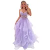 Spaghetti Strap Lilac Prom Dresses 3D Floral Lace Ruffles Graduation Party Dress Ball Gown Tulle Junior Birthday Vestidos De Novia 326 326