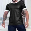 남자 티셔츠 남자 티셔츠 짧은팔 스트레치 가짜 가짜 가죽 패치 워크 언더 셔츠 근육 남성 티 탑 짧은 슬림 댄스 클럽 슬림 티셔츠 230327