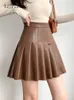 Skirts JulyPalette Spring Summer Pleated Leather Skirts Women A-line Short Skirts Streetwear High Waist Female Faux Leather Skirts 230327