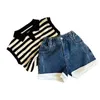 Set di abbigliamento Estate Striscia nera Bambine Bambini Due 2 pezzi Topshorts Denim Vestiti per bambini Abiti da vacanza per bambini 230327