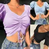 T-shirts pour femmes # H40 Sexy T-shirts à col en V Tops courts Femmes Cordon à nouer sur le devant Chemise Couleurs bonbon Streetwear Slim Fit Crop Top côtelé