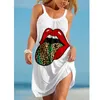 Casual Dresses Women's Beach Skirt Sexy Lip Print Summer Fashion Wear Sleeveless Knee Length Loose Wide Brimmed Suspender