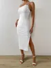 Party Dresses Elegant Midi White For Women slip rygglös ihålig som sommarklänning en axel sexig klubb cocktail vestidos 2023