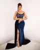 2023 Arabic Aso ebi Navy Blue Prom Платья кружевные русалки с бисером вечернее формальная вечеринка второй прием с днем ​​рождения подружки невесты платье платье zj2204