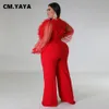 Women's Plus Size Jumpsuits Rompers CM.YAYA Plus Size Women Mesh Ruffles Wrap Vneck Wide Leg Straight Jumpsuit Holiday Vintage Playsuit Suit Romper 230325