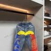 Jeans masculinos para homens e mulheres com a impressão de carimbos a quente m grande malha de tubo reto casual pequeno T230327
