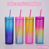 16 oz Akrilik Sıska Tumbler Gradyan Gökkuşağı Renk Kapakları ve Pipetli Akrilik Tumbler 2 Katmanlı Pileli Plastik Tumbler Z11