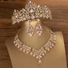 Wedding Jewelry Sets KMVEXO Luxury Crystal Bridal Jewelry Sets Women Purple Pink Tiara Earrings Choker Necklace Wedding Dress Bride Crown Jewelry Set 230325