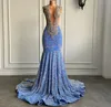 Luxe Sky Blue Long Prom Birthday Dress 2023 Sexy Mermaid Style Sheer Mesh Luxe Silver Diamond Black Girls Lover Pageant Evening Gown Robe de Soiree